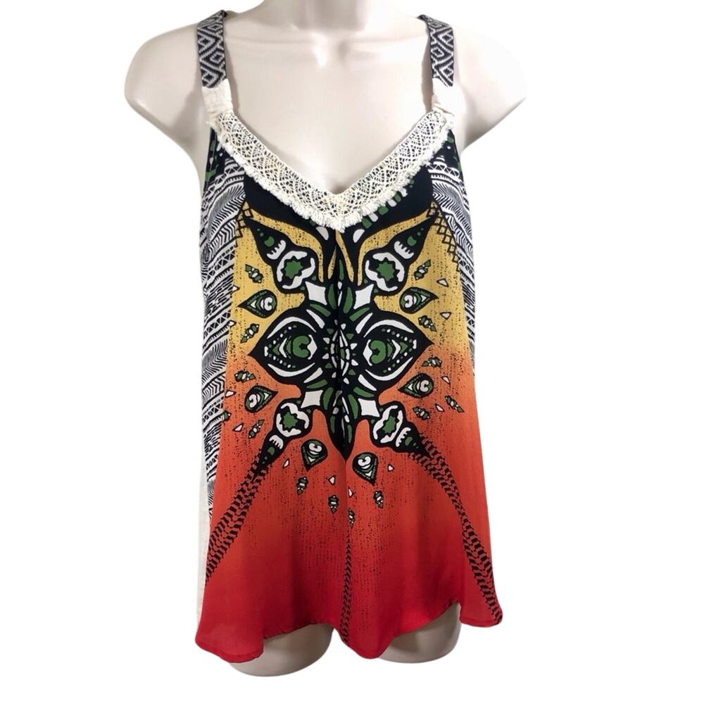 Rewind Tribal Print Macrame Tank Top Orange Ombre Black Tribal Design V Neck
